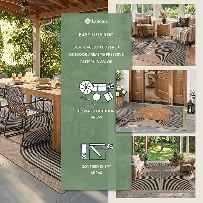 Lahome Modern Rainbow Easy Jute Rug, 3x5 Washable Rugs for Entryway Farmhouse Black Patio Carpet, Non Slip Indoor Door Mat Contemporary Outdoor Porch Carpet for Laundry Guestroom Room Decor