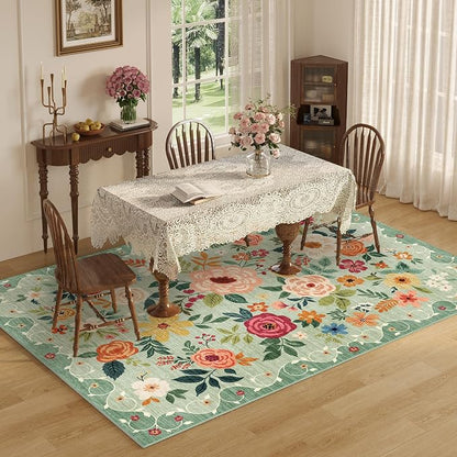 DUKINO 5x7 Area Rug, Floral Rugs for Living Room, Lightweight Non Slip Washable Rug, Indoor Low Pile & Non-Shedding Boho Design Rugs for Bedroom, Living Room, Dining Room, Green