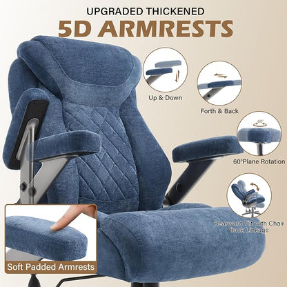 Fabric 700lbs Big and Tall Office Chair, Ergonomic Heavy Duty Executive Cloth Office Chair with 5D Flip Arms & Adjustable Lumbar Support & Dual Rubber Wheel, Large Thick Padded Extra Wide Seat, Blue