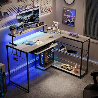 L Shaped Gaming Desk with Power Outlets & RGB Lights, 46'' L- Shaped Desk Computer Corner Desk with Monitor Stand & Storage Shelf & Hook, Home Office Desk Writing Desk, Grey