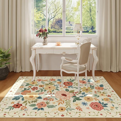 DUKINO 4x6 Area Rug, Lightweight Non Slip Washable Floral Rug, Indoor Low Pile & Non-Shedding Boho Design Rugs for Bedroom, Living Room, Dining Room, Beige Yellow