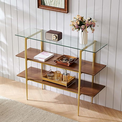 LumFurn Glass Console Table for Living Room, Foyer & Entrance, H41 x W14 x H31inch, 3-Tier Mid-Century Modern Sofa Table with Clear Glass Top, Walnut Finish Wood Shelf and Gold Finish Frame