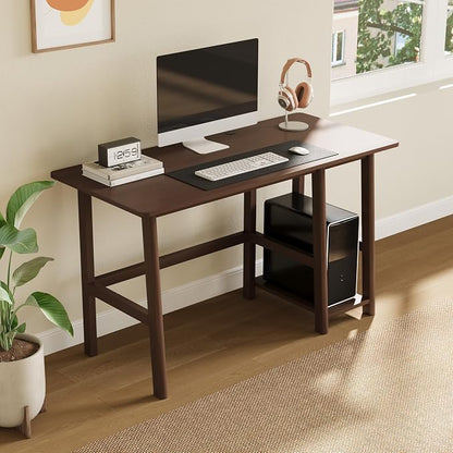 NELYE Solid Wood Computer Desk - 52" W x 24" D Modern Minimalist Table with Shelf，Sturdy Computer Workstation for Home Office, Walnut
