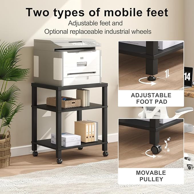 3-Tier Printer Stand with Wheels, Large Under Desk Rolling Cart for Office Storage, Heavy Duty Machine Stand with Adjustable Shelf, 22.04"x17.71"x26.54", Black