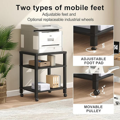 3-Tier Printer Stand with Wheels, Large Under Desk Rolling Cart for Office Storage, Heavy Duty Machine Stand with Adjustable Shelf, 22.04"x17.71"x26.54", Black