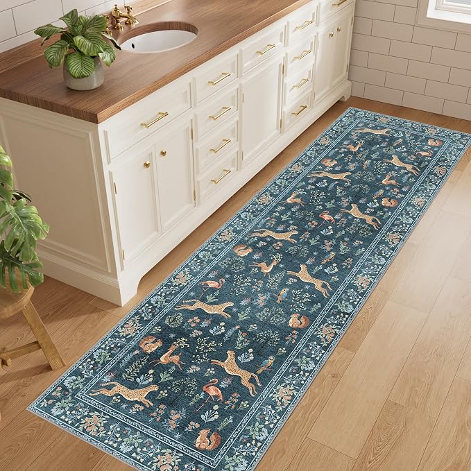 DUKINO 2.6x8 Rug for Hallway, Washable Kitchen Runner Rug with Non Slip Backing, Soft Low Pile Vintage Animal Runner for Bedroom, Kitchen, Hallway, Entryway, Laundry, Blue