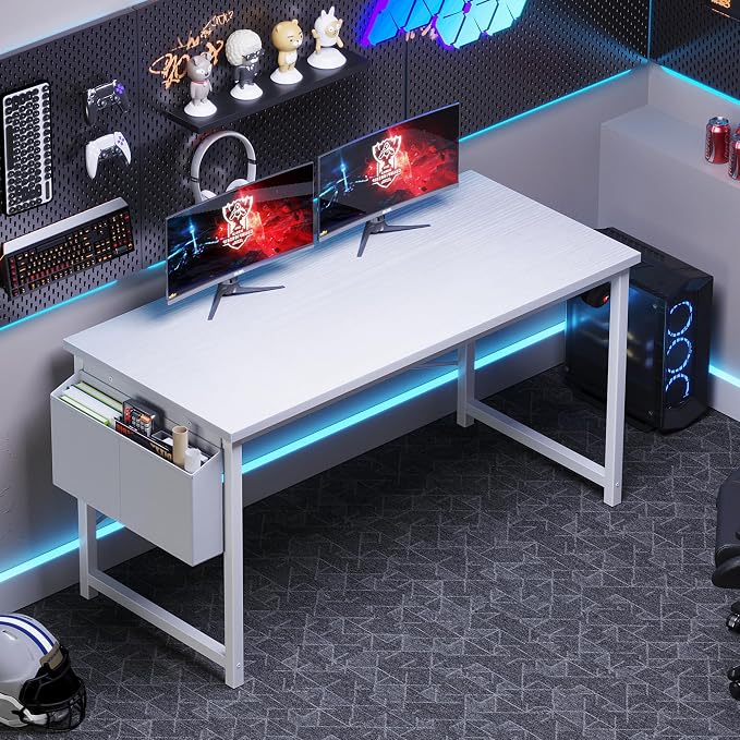 OLIXIS 55 Inch Computer Desk for Home Office, Writing Study Craft Gaming Table, Modern Computer Workstation with Storage Bag and Headphone Hook for Bedroom Small Spaces, White
