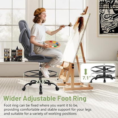 500LBS Drafting Chair, High Back Safer Standing Desk Chair, Executive Tall Office Chair with Flip-up Armrests, Upholstered PU Leather Task Chair, Ergonomic Seat with Adjustable Height&Foot Ring, Grey