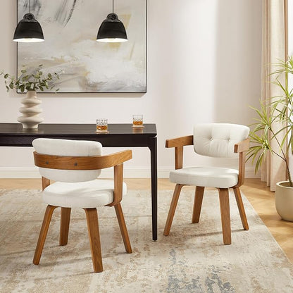 Art Leon Office Chair No Wheels - Mid Century Modern Desk Chair, Fabric Upholstered Accent Arm Chair with Wood Legs for Small Spaces Home Office Living Room Bedroom Study, Off White/Walnut