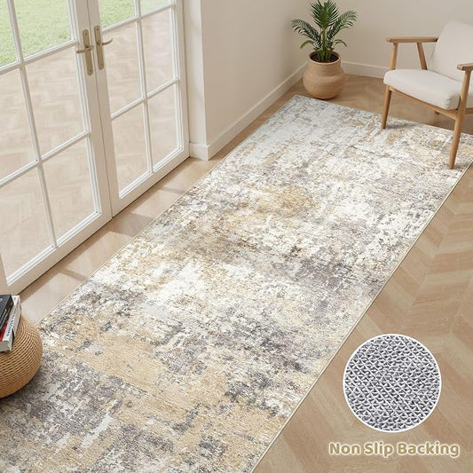 Runner Rug Kitchen Washable Rugs: 2x10 Non-Slip Abstract Soft Modern Stain Resistant Indoor Floor Neutral Accent Throw Carpet for Hallway Bathroom Laundry Room Entryway Bedroom- Gray Gold