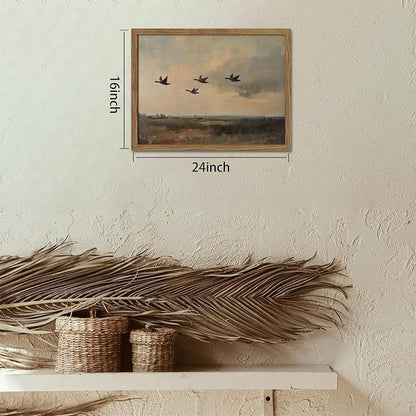 Framed Flying Ducks Canvas Wall Art, Rustic Countryside Landscape Painting, Vintage Birds Poster Print, Modern Farmhouse Ducks Wall Decor for Living Room Bedroom – 16x24 inch