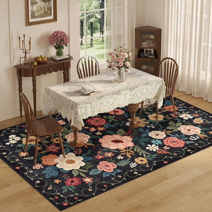 DUKINO 5x8 Area Rug for Living Room, Washable Lightweight Non Slip Floral Bedroom Rug with Non Shedding Design, Soft Low Pile Large Indoor Carpet for Dining Room, Kids Playroom, Nursery, Office, Black
