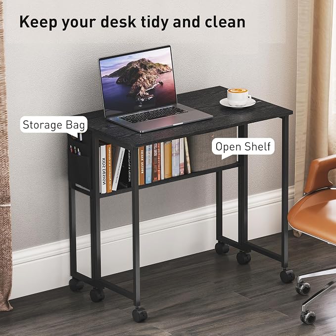 HOMCOM Small Folding Desk, Rolling Computer Desk Foldable with Storage Bag and Shelf, 31.5" Portable Writing Table on Wheels for Small Spaces, Home Office, Study, Easy Assembly, Black