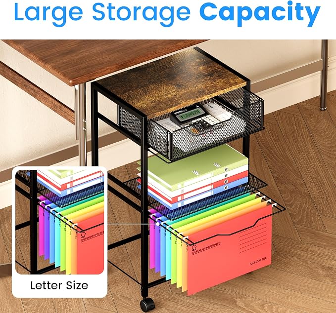 Cawukege 3 Tier Printer Stand, Mobile Table with Wheels, Printer Shelf Rolling Cart with Storage Desk Organizer Hanging File for Office Home, Brown