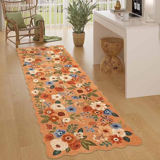 DUKINO 2x10 Runner Rug for Hallway, Washable Kitchen Rug with Non Slip Backing & Non-Shediing, Soft Low Pile Floral Design Runner for Bedroom, Kithchen, Living Room, Laundry, Bathroom, Orange
