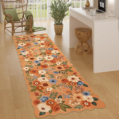 DUKINO 2x10 Runner Rug for Hallway, Washable Kitchen Rug with Non Slip Backing & Non-Shediing, Soft Low Pile Floral Design Runner for Bedroom, Kithchen, Living Room, Laundry, Bathroom, Orange