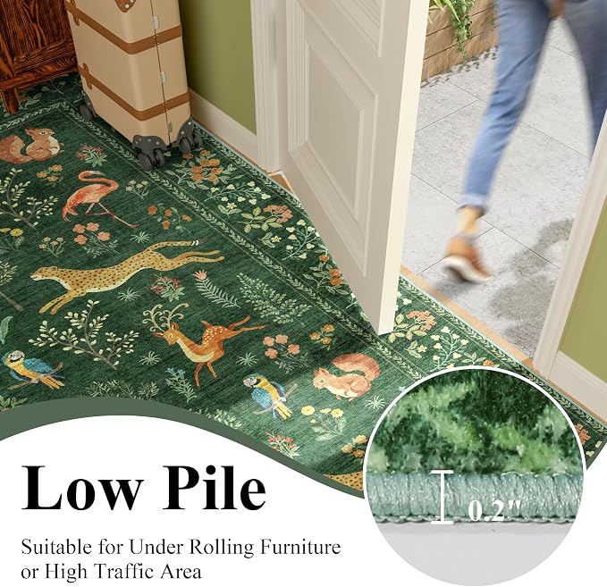 DUKINO Runner Rug, 2x7 Washable Kitchen Rugs for Hallways with Non Slip Backing, Soft Low Pile Vintage Animal Runner for Kitchen, Hallway, Entryway, Laundry, Bedroom, Green