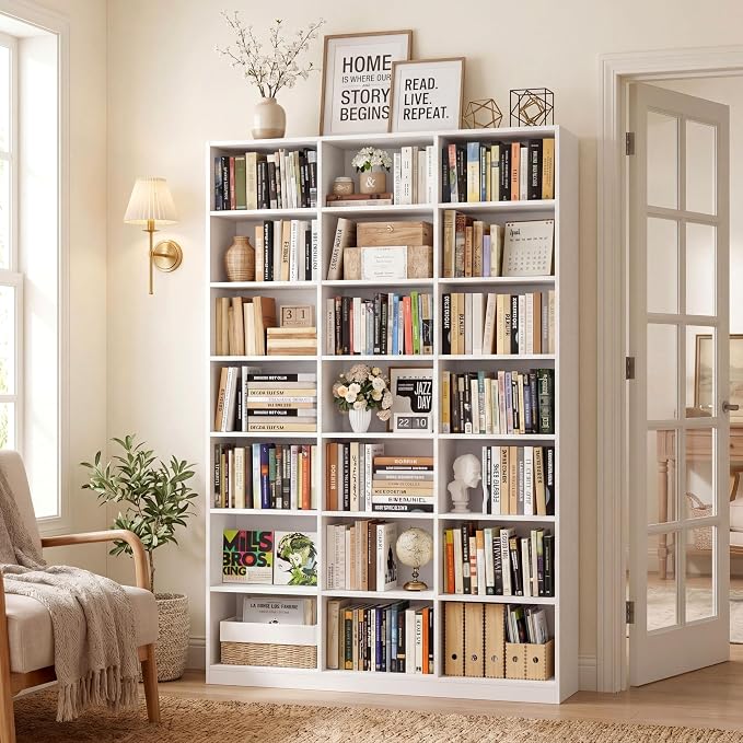 HOSTACK 86" H Triple Wide Bookshelf and Bookcase, 7 Tier Tall Bookshelf with Storage, Large Bookcase with 21 Open Display Storage Shelves, Wood Book Shelf Media CD DVD Storage for Living Room, White