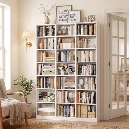 HOSTACK 86" H Triple Wide Bookshelf and Bookcase, 7 Tier Tall Bookshelf with Storage, Large Bookcase with 21 Open Display Storage Shelves, Wood Book Shelf Media CD DVD Storage for Living Room, White