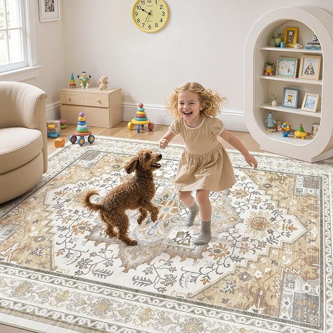UERMEI 9x12 Area Rug for Living Room - Washable Vintage Carpet, Non-Slip Soft Large Indoor Floor Rugs for Bedroom Home Office & Under Dining Table Decor, Brown Beige