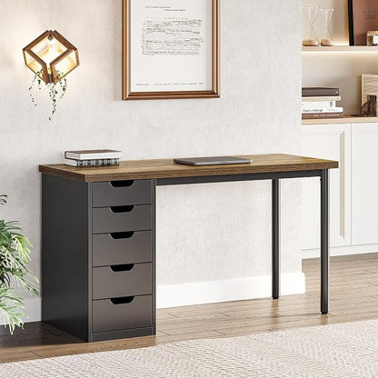 LITTLE TREE Computer Desk with 5 Drawers, 47 Inch Modern Simple Study Writing Desk with Metal Frame, Work Desk for Home Office, Rustic Brown and Black