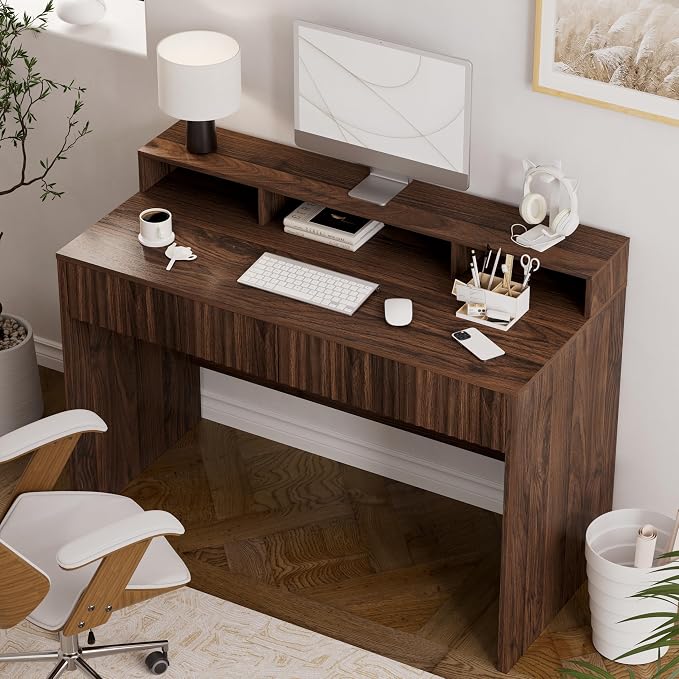 EYYTHUNG Fluted Executive Desk with Storage Shelf, 47" Modern Wood Home Office Desk with Long Monitor Stand & 2 Drawers, Writing Study Computer Table Vanity Desks, Brown
