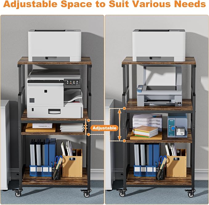 Aquzee 4-Tier Printer Stand, Large Printer Table with Wheels, Open Printers Table for Home Office, Rolling Printers Cart with Wheels, 5-Adjustable Heights, 27.5" W*19.7" D*49.3" H, Rustic Brown