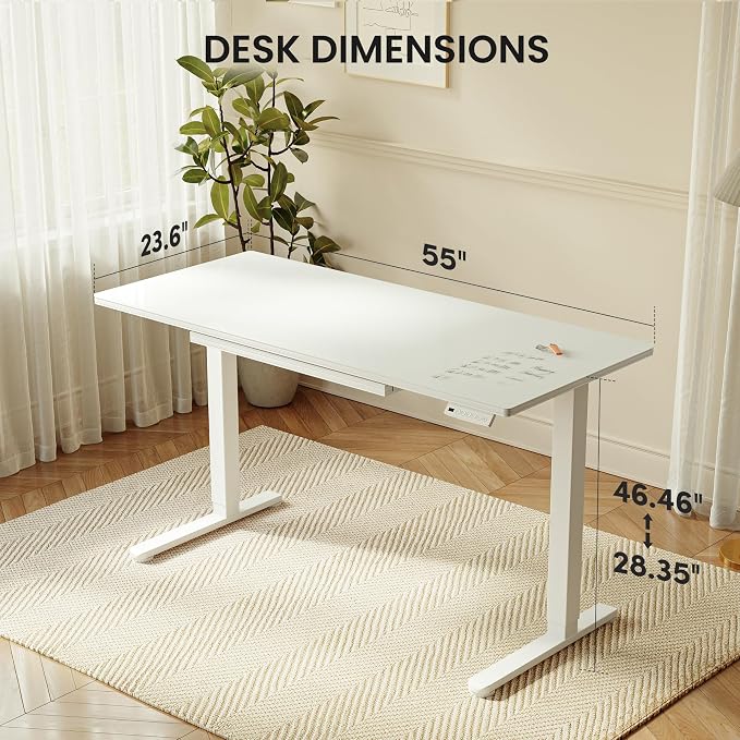 BANTI 55x24 inchs Electric Glass Standing Desk with Drawer - Height Adjustable One-Piece Tempered Top Sit Stand Workstation with Memory Keypad for Home Office