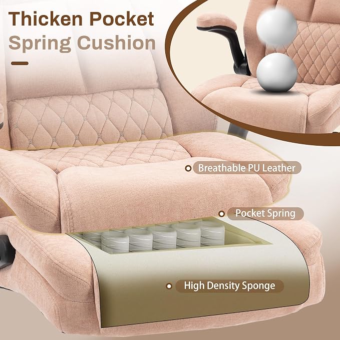 Massage Office Chair,500LBS Ergonomic Rocking Executive Desk Chairs with 4 Points Vibration&Heat,Padded Flipup Armrests for Big and Tall Office Chair,Swivel Computer Chair Fabric Pink