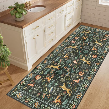 DUKINO 3x6 Washable Runner Rug, Low Pile Animal Print Non Slip Runner Rug for Kitchen, Lightweight & Non Shedding Indoor Carpet for Hallway, Kitchen, Entryway, Bathroom, Laundry, Black