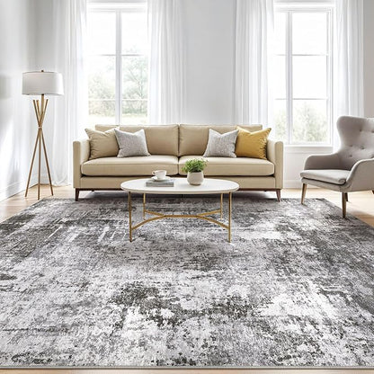 Large Area Rugs 12x15 Living Room: Washable Large Abstract Modern Soft Stain Resistant Indoor Floor Rugs Non-Slip Accent Carpet for Bedroom Nursery Playroom Office Dining Room Home House- Black Grey