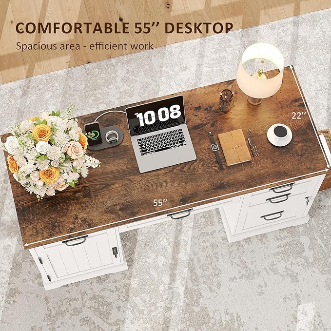 Whalefall 55'' Farmhouse Desk Home Office with Drawers, White | Executive Computer Desk with File Cabinet and Charging Station, Wooden Small Desk with Locking Drawers Storage