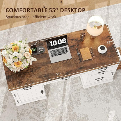 Whalefall 55'' Farmhouse Desk Home Office with Drawers, White | Executive Computer Desk with File Cabinet and Charging Station, Wooden Small Desk with Locking Drawers Storage