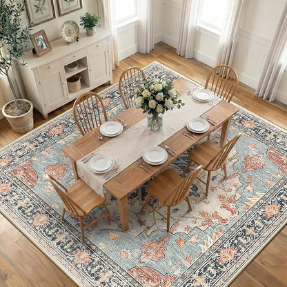 RELEANY Area Rugs Square 10ft Washable Non-Slip, Floral Vintage Distress Medallion Carpet for Living Room Bedroom Dining Room, Beige Navy Blue Orange Colorful