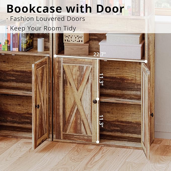 IRONCK Industrial Bookshelves and Bookcases with Doors Floor Standing 6 Shelf Display Storage Shelves 70 in Tall Bookcase for Home Office, Living Room