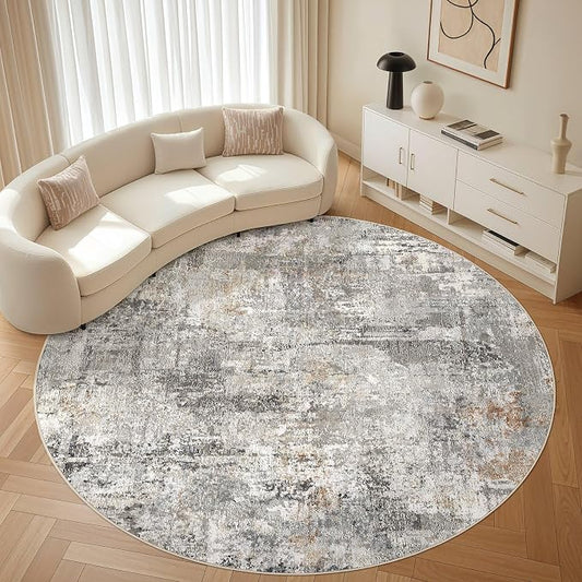 8ft Round Rug Living Room Rugs: 8x8 Washable Circle Large Abstract Modern Soft Stain Resistant Non-Slip Indoor Floor Carpet for Bedroom Nursery Office Dining Room Playroom Home House- Gray Rust