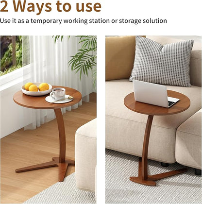 C Shaped End Table, Small Round Side Table for Couch, Slide Under Sofa Tray Desk for Living Room Bedroom, Solid Wood TV Tray Table for Narrow Space (17” Chestnut)