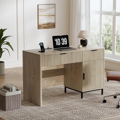 47" Home Office Desk with Fluted Drawers, Wood Exectuive Desk with Storage Cabinet, Charging Station, Metal Legs Modern Farmhouse Computer Desk for Work, Study Light Oak