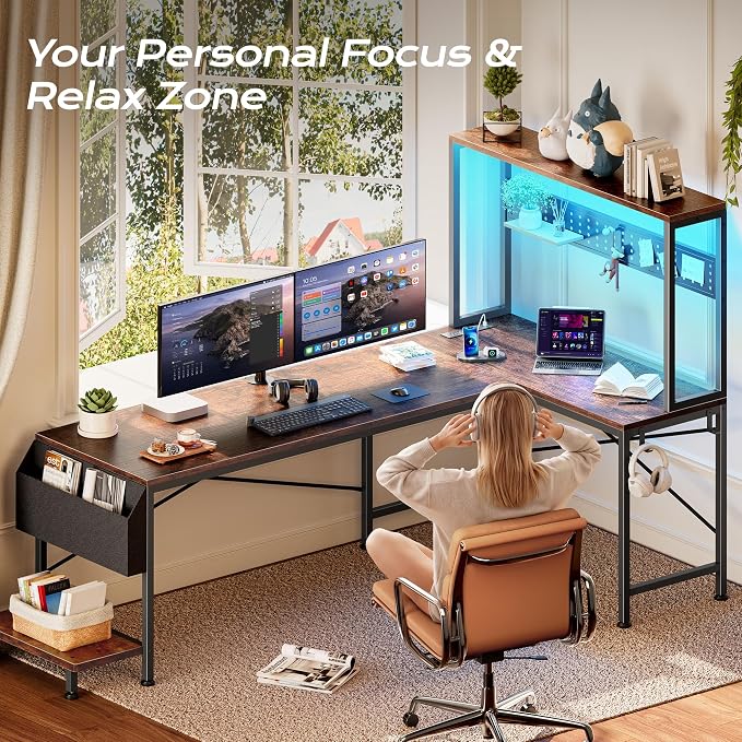 PRAISUN L Shaped Gaming Desk with LED Lights & Power Outlets, Reversible Computer Desk with Storage Shelves & Bag, Large Corner Home Office Desk with Pegboard for Work from Home, Rustic Brown