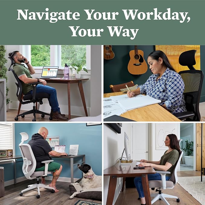 HON Altern Ergonomic Office Chair with Headrest, Mid‑Back Mesh Desk Chair, Adjustable Arms, Seat Slide, Synchro‑Tilt, Rolling Computer Seat for Home Office, White Frame, Iris
