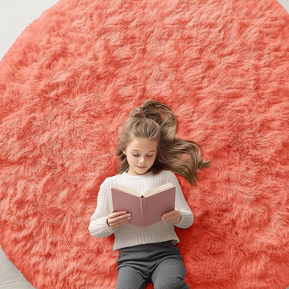 OLANLY Coral Red Round Rugs for Bedroom - Machine Washable, 6 ft Circle Area Rugs for Living Room, Soft and Fluffy Shaggy Carpet for Teen Girl and Boys, Nursery Rooms, Dorms, Home Decor Aesthetic