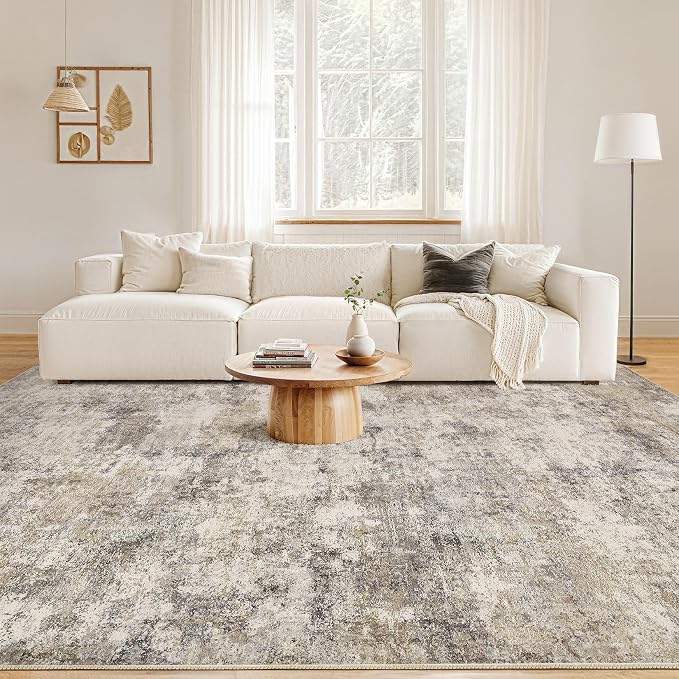 Nakagishi 10x14 Area Rugs Living Room: Washable Abstract Large Neutral Soft Rug Stain Resistant Modern Indoor Floor Non-Slip Carpet for Bedroom Nursery Playroom Office Dining Room Dorm- Brown Grey