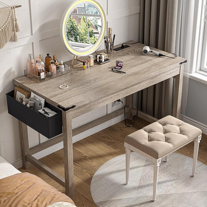 EnHomee 40 Inch Small Desk with Storage Bag Detachable,Study Desk with Power Outlet, Modern Simple Home Vanity Desk and Writing Desk for Small Spaces, Bedroom,Ash Gray