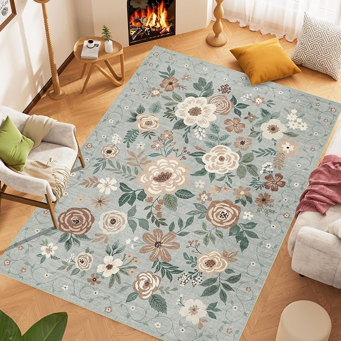 DUKINO 8x10 Area Rug, Floral Rugs for Living Room, Lightweight Non Slip Washable Rug, Indoor Low Pile & Non-Shedding Boho Design Rugs for Bedroom, Living Room, Dining Room, Sage Green