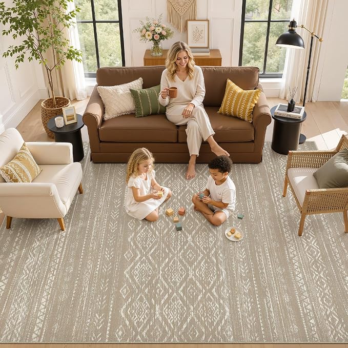 Nakagishi Area Rug Living Room Rugs: 10x12 Large Soft Machine Washable Boho Moroccan FarmNeutral Stain Resistant Indoor Floor Carpet for Bedroom Under Dining Table Home Office Decor-Dark Brown