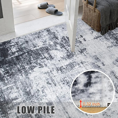 2'x6' Runner Rug Washable Rug: Modern Abstract Soft Thin Runner Rug Dark Black