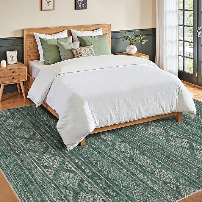 Nakagishi Green Rug Area Rugs 5x7: Washable Boho Large Neutral Modern Soft Farmhouse Rug Stain Resistant Indoor Floor Non-Slip Carpet for Women Home Enthusiasts Aged 25-45 - Bedroom Room Decor