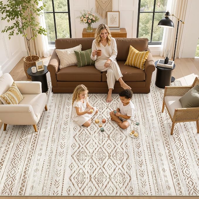 Nakagishi Area Rug Living Room Rugs: 9x12 Large Soft Machine Washable Boho Moroccan FarmNeutral Stain Resistant Indoor Floor Carpet for Bedroom Under Dining Table Home Office Decor-Brown