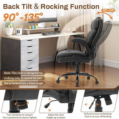 Massage Office Chair, 500LBS Ergonomic Rocking Executive Desk Chairs with 4 Points Vibration&Heat,Padded Flip-up Armrests for Big and Tall Office Chair,Swivel Computer Chair Thicken, PU Black
