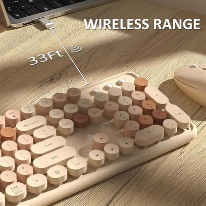 Links9+ Wireless Keyboard and Mouse, Full-Size Retro Typewriter Keyboard with Round Keycaps, 2.4GHz for Windows, Mac, Laptop, PC, Desktop (Milky Tea Colorful)